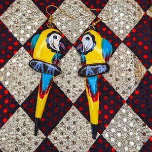 Vintage 1980s Hand Painted Carved Wood Parrot Earrings